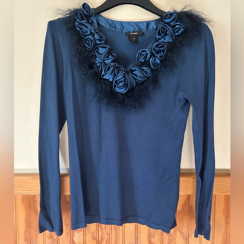 Radzoli Navy Top with Floral Embellishments